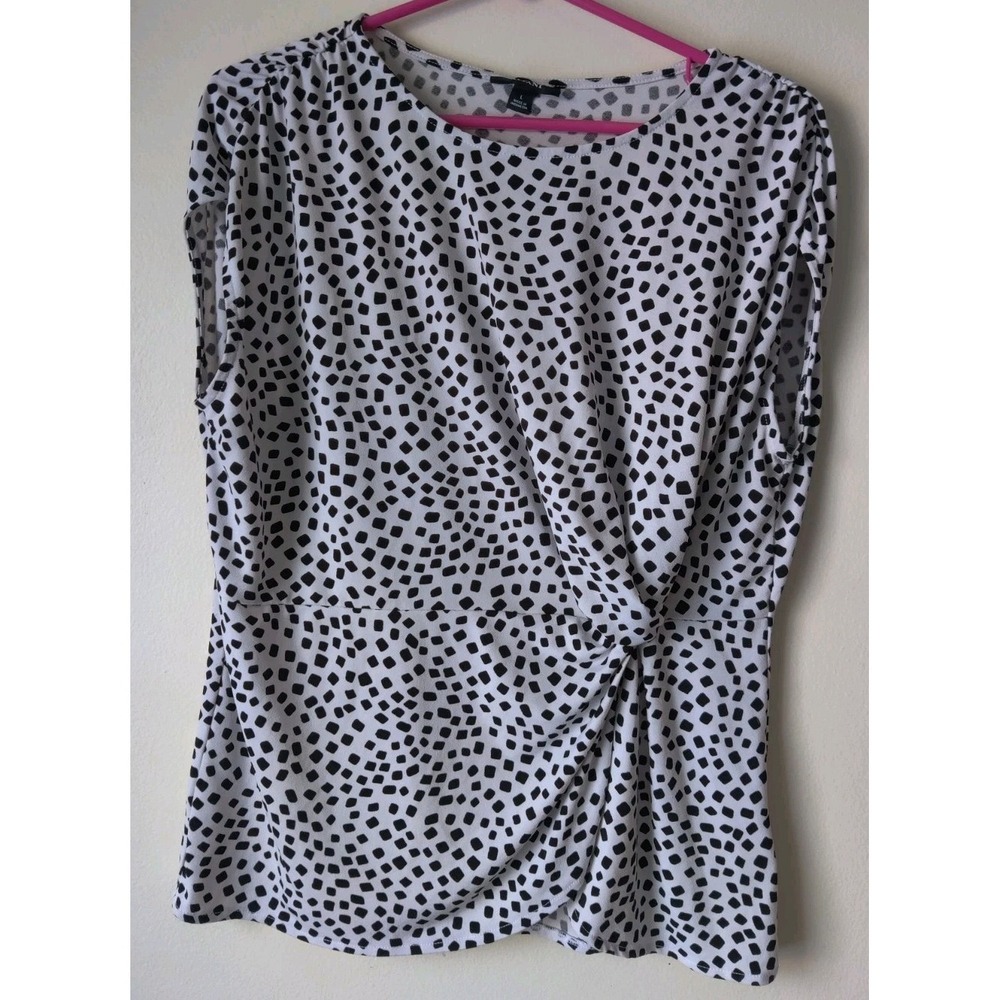 Alfani Women's White/Black Polka Dot Cap‎ Sleeve Top with Side Knot Size Large